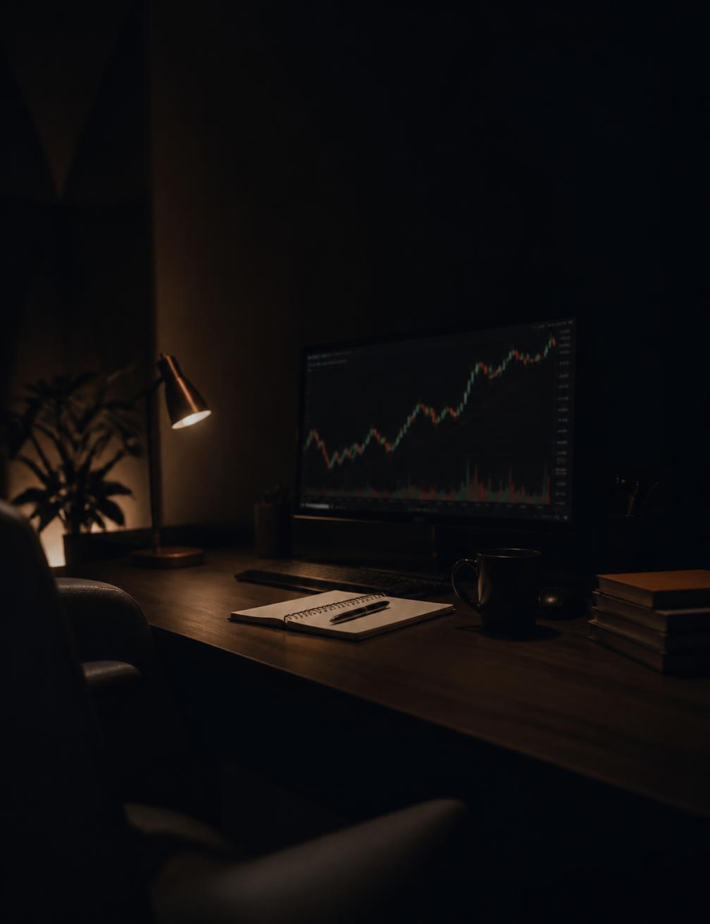 Ruhiger Trading-Desk bei Nacht
